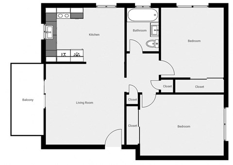 Floor plan for 2 beds, 1 bath, 820 sqft